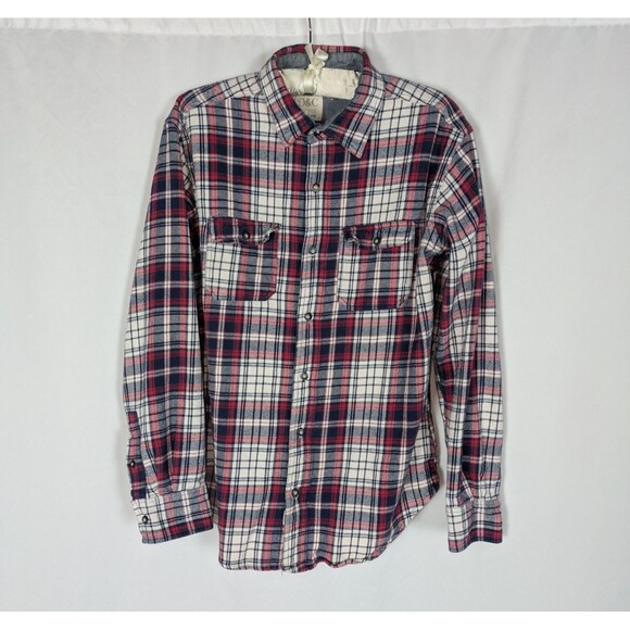 PD&C Button Down L Men's White Plaid Long Sleeve Flannel Cotton Classic - Picture 1 of 7